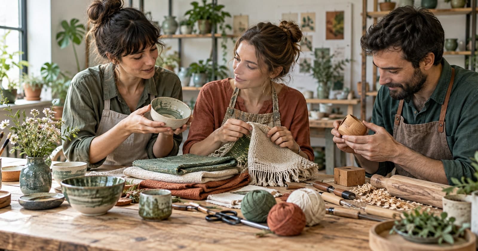 Ilustrație editorială: creatori reuniți în jurul ceramicii, textilelor și obiectelor din lemn.