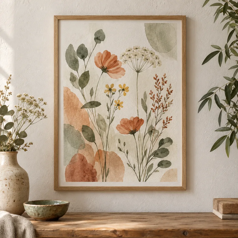 Ilustrație botanică în acuarelă, într-o ramă din lemn natural