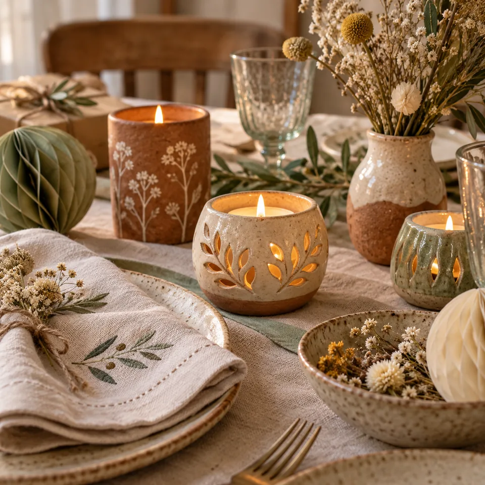 Masă festivă decorată cu lumânări ceramice și textile lucrate manual