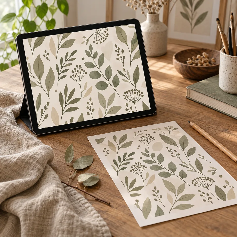 Tabletă cu un model botanic digital, alături de planșa imprimată și creion