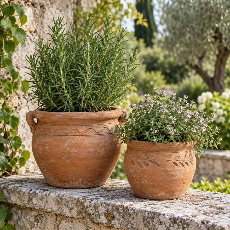 Ghivece din teracotă cu plante aromatice pe o poliță de piatră în grădină