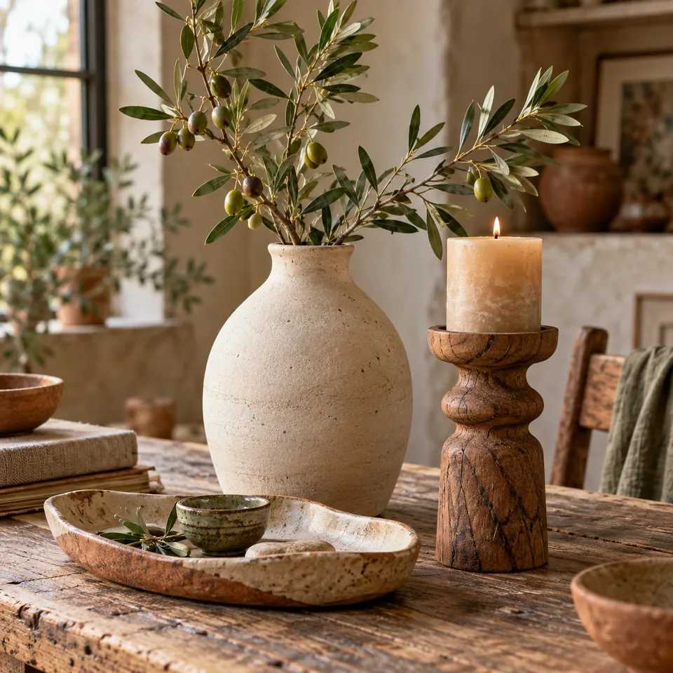 Vază ceramică artizanală și suport de lumânare din lemn pentru decorul casei